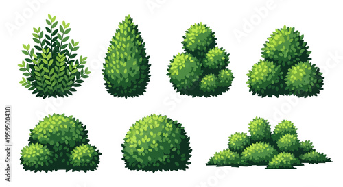 Collection of Stylized Green Garden Bushes and Shrubs Isolated on White Background for Landscape Design and Game Assets