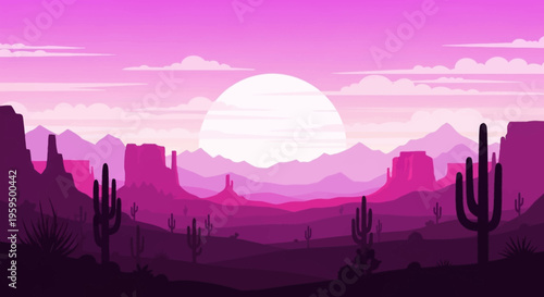Vaporwave Aesthetic Desert Sunset Illustration, Minimalist Pink and Purple Landscape with Saguaro Cacti and Mountains