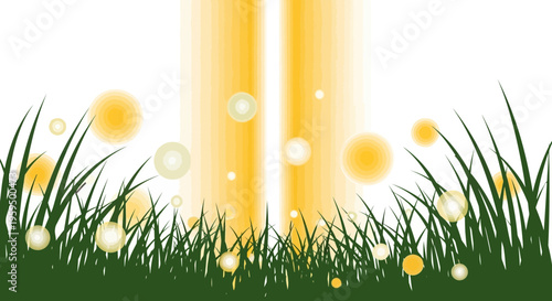 Abstract Nature Background with Green Grass Silhouette and Golden Sunlight Bokeh Orbs