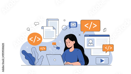 Female software engineer coding on a laptop surrounded by various programming language icons and technical document windows.