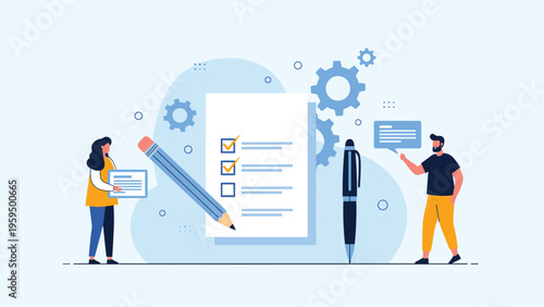 Business team completing a task list or survey on a giant clipboard with checks, representing project management and goal achievement.