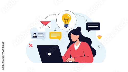 Creative professional generates new business ideas while working on a laptop surrounded by communication and profile icons.