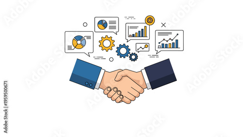 Successful business partnership and agreement concept showing a firm handshake between professionals with data and gear icons.