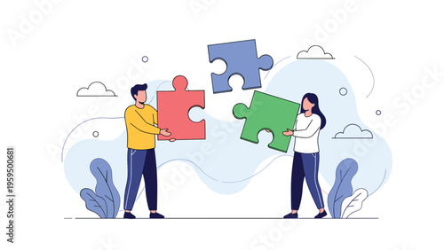 Collaborative team members connect colorful puzzle pieces together to find creative solutions and complete a shared business project.