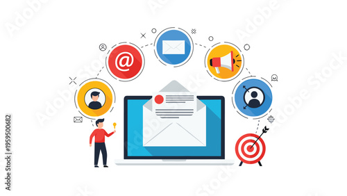 Digital email marketing campaign utilizes various strategic tools and communication icons to reach targeted customer audiences.