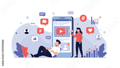 Digital marketing strategist uses a megaphone and social media icons to increase brand engagement and video views on mobile.