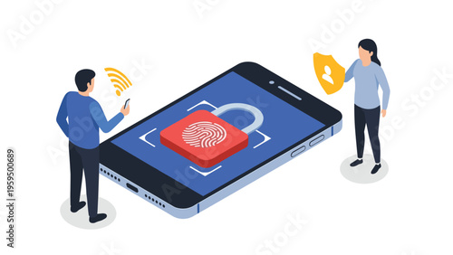 Mobile device security concept with a fingerprint scanner and padlock on a smartphone screen for data protection and cyber safety.