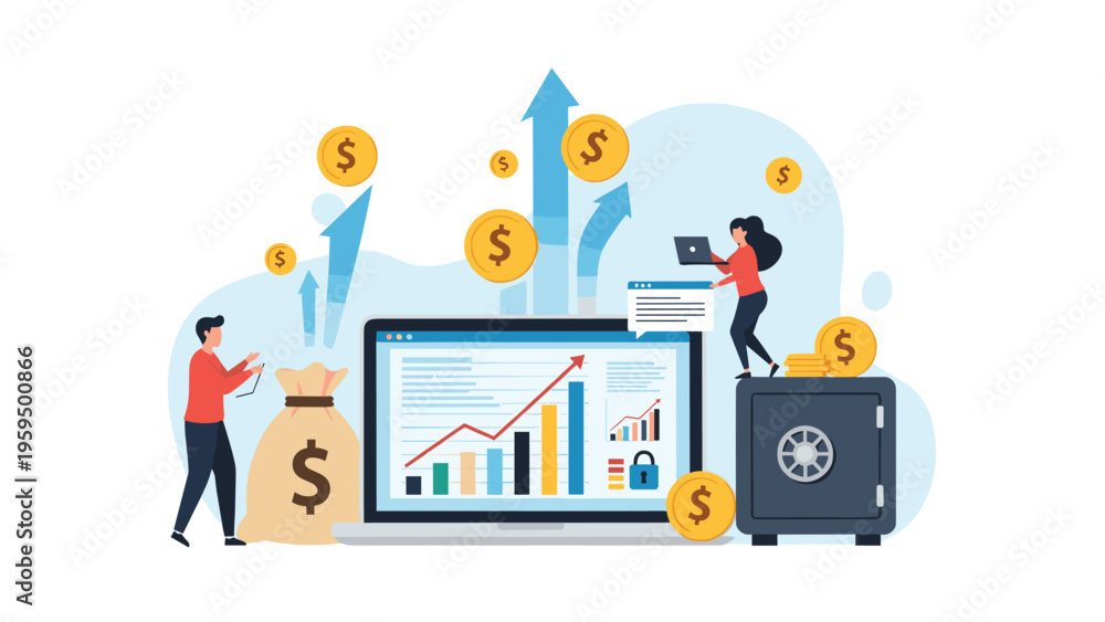 Naklejka premium Financial planning and investment strategy illustration featuring people managing money bags, coin stacks, and growth charts.