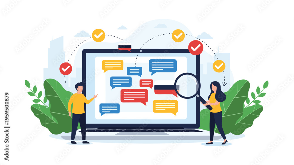 Fototapeta premium Global communication and translation technology with people interacting with diverse language chat bubbles on a large laptop.