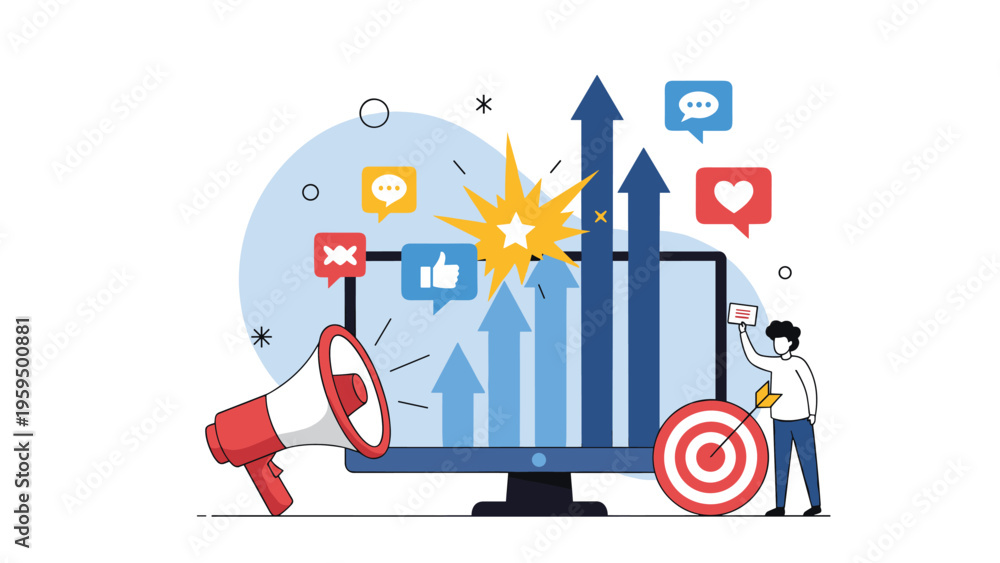 Naklejka premium Viral marketing campaign with an explosive growth chart, megaphone, and numerous social media engagement symbols on a screen.