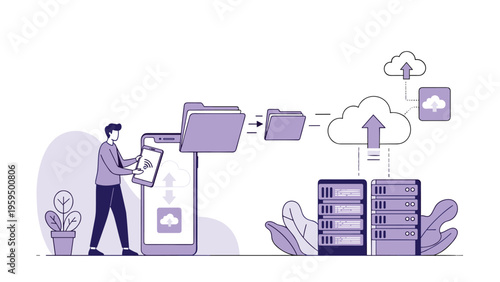 User uploading files and folders to a cloud server using a mobile device to illustrate secure data storage and remote access.