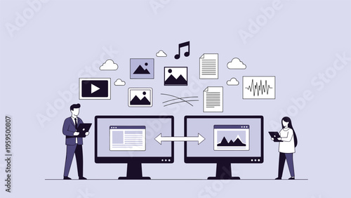 Data transfer and synchronization illustration showing content moving between two computer screens with various media file icons.