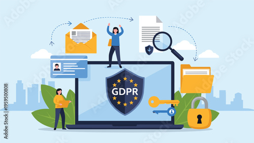 Data privacy and security illustration showing a laptop with a GDPR shield and various icons for identity and document protection.