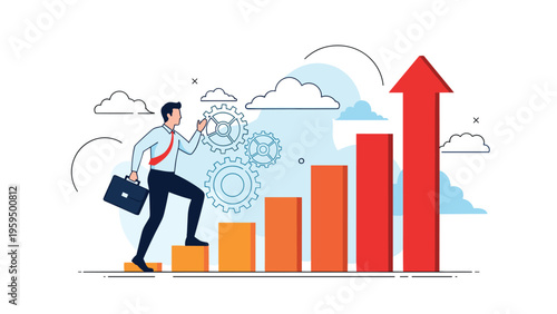 Businessman with a briefcase climbing up a rising bar graph representing career success, professional growth, and financial profit.