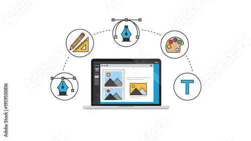 Digital designer workstation showing a laptop and icons for various creative tools like pens, palettes, and text editing symbols.