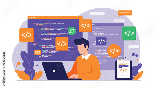 Software developer working on a laptop surrounded by multiple floating code windows and programming language icons on a desk.