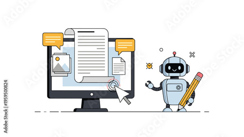 Automated content creation and copywriting illustration with a robot holding a pencil next to a computer screen with text documents.