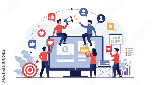 Community management and social media interaction concept with people around a large screen and various engagement symbols.