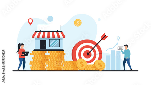 Small business owners setting goals and managing finances with a shop icon, stacks of coins, and a target for sales success.