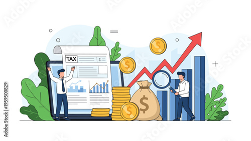Businessmen calculating taxes and analyzing financial growth with coins, money bags, and a rising arrow on a computer screen.