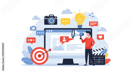 Marketing expert using a megaphone to broadcast a promotional campaign with social media icons and a target for audience reach.