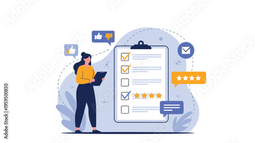 Woman reviewing customer feedback and satisfaction ratings on a large checklist to improve service quality and user experience.