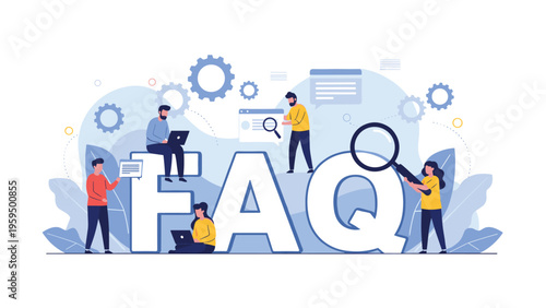 Diverse team of professionals answering frequently asked questions to help users understand complex topics and improve support.