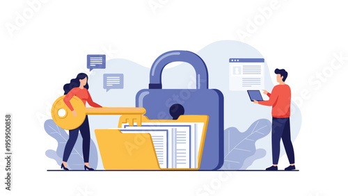 Data security and file protection illustration showing a man and woman using a large key to unlock a secure document folder.