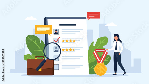 Recruitment specialist evaluating candidates on a digital resume with a magnifying glass and award medal for excellence.