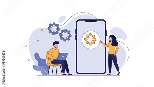 Software settings and system maintenance illustration featuring technicians working on a large smartphone screen with gears.