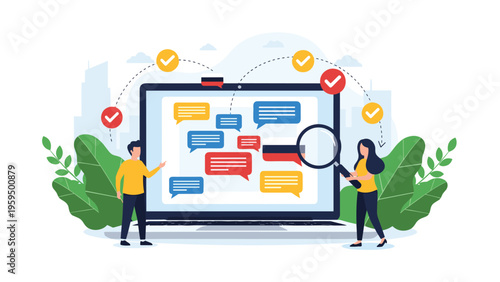 Global communication and translation technology with people interacting with diverse language chat bubbles on a large laptop.