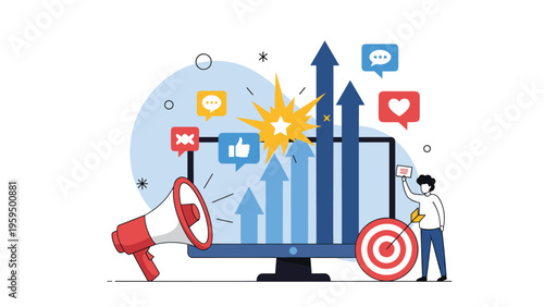 Viral marketing campaign with an explosive growth chart, megaphone, and numerous social media engagement symbols on a screen.
