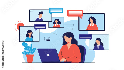 Remote team video conference session with multiple video chat windows on a computer screen for global collaboration.