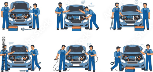 Automobile Repair Service Vector Illustration Set Featuring Professional Mechanics Fixing Car Engines with Tools for Garage Maintenance, Auto Workshop Apps, and Business Websites