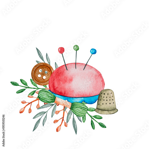 A charming watercolor illustration of a sewing pincushion surrounded by thread spools, buttons, and sewing tools. Perfect for craft, hobby, and DIY project designs, bringing a creative 