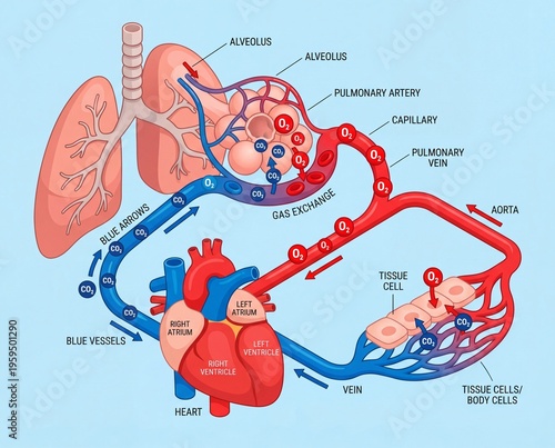Detailed illustration of the human cardiorespiratory system, showing intricate blood circulation and gas exchange, providing a clear, detailed look at vital bodily functions
