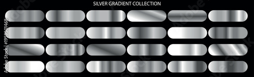 Silver gradient collection, 24 metallic chrome swatches for vector design, shiny platinum and steel texture set, luxury grey metal palettes