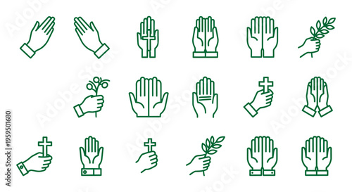 vector icon sheet praying hands palm branches religious symbols easter celebration faith worship devotion spirituality line art minimalist design editable EPS AI SVG asset