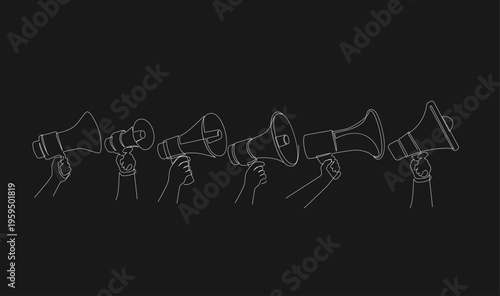 Continuous Line Art of Multiple Hands Holding Megaphones on Black Background for Advocacy and Communication
