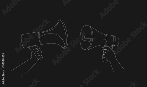 Continuous Line Drawing of Two Hands Holding Megaphones, Communication and Protest Concept