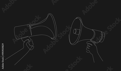 Two Hands Holding Megaphones Facing Each Other in Continuous Line Art Style