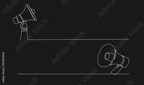 Continuous Line Art Drawing of Two Megaphones: One Held by Hand, One Standalone. Minimalist Outline for Communication and Announcement on Black Background.