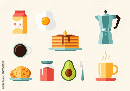 Breakfast Food and Drink Icon Set in Modern Flat Design Style Featuring Pancakes, Coffee, Egg, Avocado, and Milk