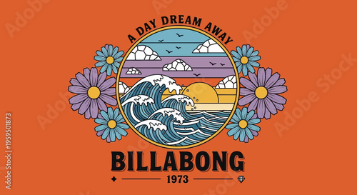 Retro Vintage Surf Illustration with Ocean Waves Sunset and Flowers, 70s Aesthetic Coastal Beach Graphic for Apparel