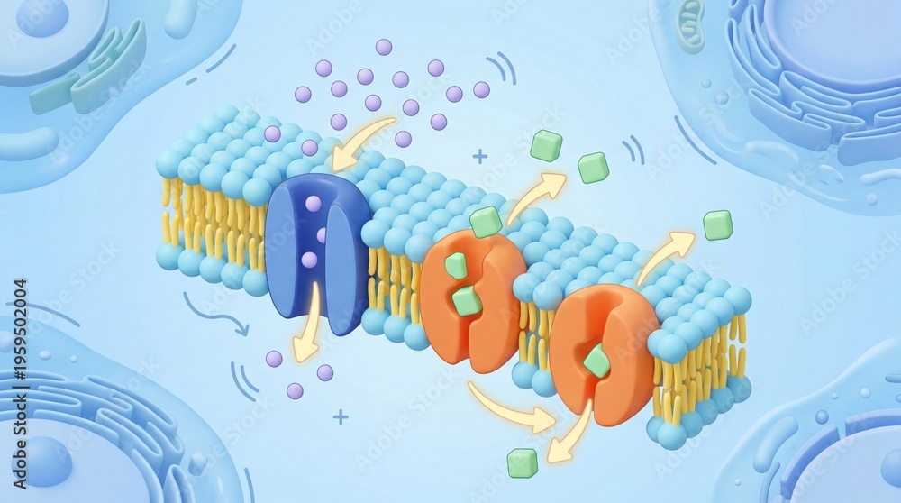 Fototapeta premium Dynamic cellular membrane transport mechanism, 3D rendered illustration depicting integral protein channels facilitating molecular movement and exchange