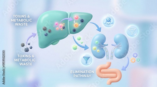 Clear depiction of the human body's detoxification pathway, illustrating liver and kidney functions for metabolic waste elimination and wellness