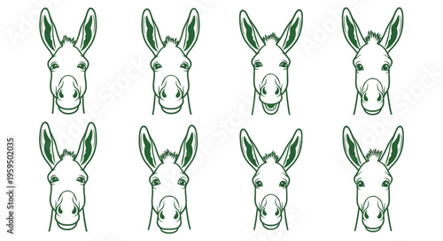 Donkey head vector illustrations icon sheet set of eight green line art animal faces palm sunday farm themed graphic designs animal icon asset editable commercial license art