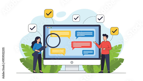 Team of professionals reviewing digital communications and feedback on a monitor with a checklist and icons.