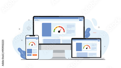 Software engineer working on website development and coding project on a laptop surrounded by digital interface elements.