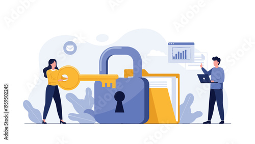 Software development and coding concept featuring a programmer working on a laptop at a desk with various tech icons and a plant.